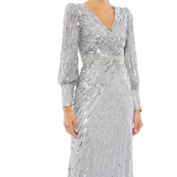 MAC DUGGAL 5501 SEQUINED WRAP OVER BISHOP SLEEVE SLIVER GOWN sz 14